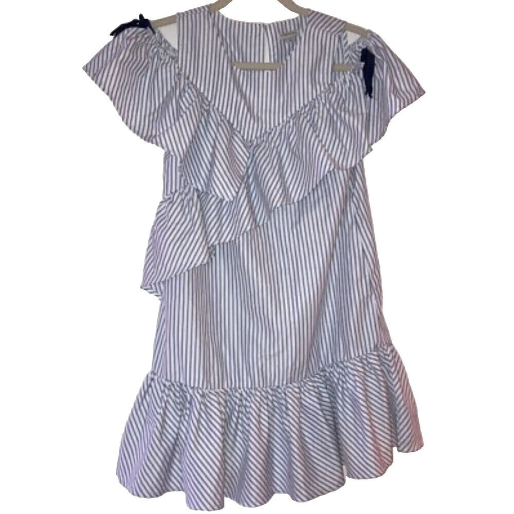 Habitual Girl White Navy Shirt Dress 7/8 Ruffles Preppy Classic Cold Shoulder